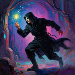 a true hero on the run, sinking into madness, wrapped in black, clutching a hopespark in the drifting void hallways. Fantasy Tron sci-fi illustration, vibrant neon oil painting, by Edvard Junjiito Picasso and Gustave Dore and Carl Critchlow