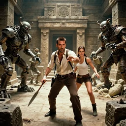 indiana jones is exploring ancient epic labyrinthine mayan temples together with christian marie serratos as lara croft, and they are attacked and terrorized by steampunk mechanical stone golems and demonic mummies. color cinematic still from a 1 9 8 1 action - adventure blockbuster by george lucas. deadly traps and evil magic curses.