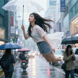 a beautiful young korean teenager girl, floating above commuters holding umbrellas, downtown gangnam seoul korea, during rainy day, traffic by jeremy mann and alphonse mucha, photo realistic, dynamic lighting, windy, artstation, poster, dreamy, volumetric lighting, ethereal, 4 k, high detail