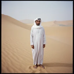 medium format photograph of bedouin man on steep dune, ektachrome, hasselblad film shallow focus portrait, soft light photographed on expired color film,