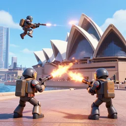 3 d animation, 2 machwarriors battle in the city of sydney, australia, photorealistic, flamethrowers, lazers
