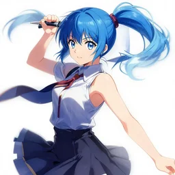 an anime girl with blue hair and a ponytail, an anime drawing by rei kamoi, trending on pixiv, superflat, booru, dynamic pose, official art