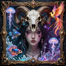 baroque bedazzled gothic royalty frames surrounding a pixelsort emo demonic horrorcore japanese goddess macro close - up portrait wigh crown made of ram skull. betta fish, jellyfish phoenix, bioluminiscent, plasma, ice, water, wind, creature, super intricate ornaments artwork by tooth wu and wlop and beeple and greg rutkowski, low quality sharpened graphics, remastered chromatic aberration