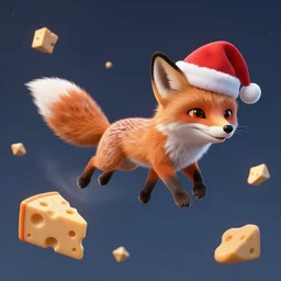 fox wearing a santa hat flying in space with asteroids made out of swiss cheese