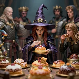 closeup of a tin toy medieval witch eating cakes, depth of field, zeiss lens, detailed, symmetrical, centered, fashion photoshoot, by nicoletta ceccoli, mark ryden, lostfish, earl nore, hyung tae, frank frazetta, breathtaking, 8 k resolution, extremely detailed, beautiful, establishing shot, artistic, hyperrealistic, octane render