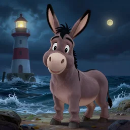Portrait donkey Eeyore in style of disney cartoon, night sea storm, near lighthouse