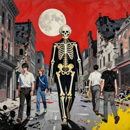 decollage painting old man walking through the streets of ruined city under the huge moon with a skeleton shining through his body red sky by adrian ghenie and takato yamamoto and edward hopper and mark ryden and tsutomu nihei, part by bridget riley, acrylic pour and splashing paint, very coherent, baroque elements, perfect anatomy, intricate design. pop art.