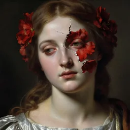hyperrealism close - up mythological portrait of a medieval woman's shattered face partially made of scarlet flowers in style of classicism, pale skin, wearing silver dress, dark and dull palette