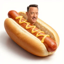 tom hanks emerging from a giant hot dog, food photography, 8 5 mm f 1. 8