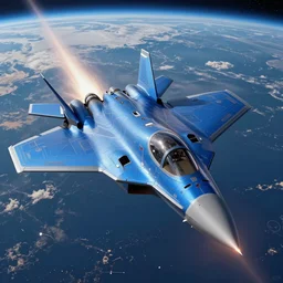 high detailed picture of a blue colored futuristic fighter jet space breaking the barrier to space, earth background, intricate detail, beautiful lighting, trending on artstation, 8 k