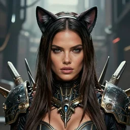 beautiful fantasy art portrait, adriana lima wearing cat ears headband, ultra realistic, wide angle, intricate details, blade runner artifacts, highly detailed by peter mohrbacher, boris vallejo, hajime sorayama, wayne barlowe, paolo eleuteri serpieri