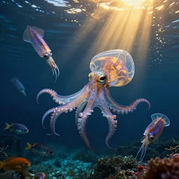 night scene ocean view of transparent bodied bioluminescent octopus, and squid and nautilus and fearsome fish, octane render, cinema 4 d, light rays, cinematic lighting, golden ratio, underwater photography, realistic, volumetric lighting, wildlife documentary, by greg rutkowski