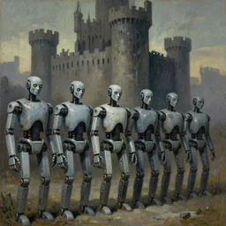row of robots guarding a brutalist castle, evil visages, dystopian, pj crook, edward hopper, oil on canvas