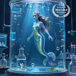 mermaid immersed in laboratory glass tanks, blue color scheme, digital illustration, dramatic lighting, cinematic composition, concept art, detailed textures