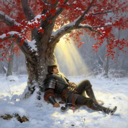 winter, a male warrior relaxing under a huge tree with red flowers, sun shining on him, god ray, ground covered with snow, fantasy, painting by gaston bussiere, craig mullins, j. c. leyendecker, trending on artstation