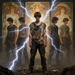 character concept, wide angle, full body, symmetrical head - on centralized, young man dirty with torn clothes. detailed, high quality, dynamic lightning, fantasy, scenematic. artwork by artgerm, wlop, alex ross, greg rutknowski, alphonse mucha