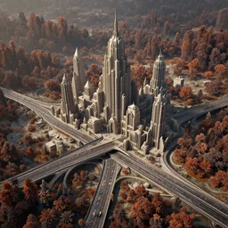 dwarven artdeco metropolis, marbled with highways and oxidized forests, insanely detailed. instagram photo, kodak portra. by wlop, ilya kuvshinov, krenz cushart, greg rutkowski, pixiv. zbrush sculpt, octane, maya, houdini, vfx, sharp focus, volumetric lighting.