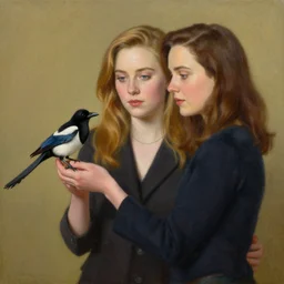 a painting of a female asa Butterfield mixed with pam beesly, she is holding a magpie