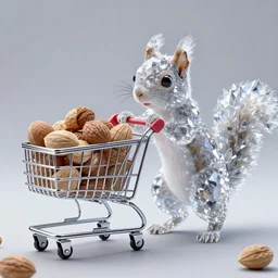 fantasy art 4 k ultra detailed squirrel made of crystal pushing a shopping cart full of nuts