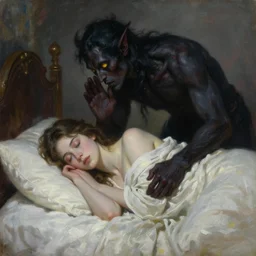A tall demonic dark figure with yellow eyes bending down whispering to a woman sleeping in her bed impressionistic painting