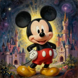 gediminas pranckevicius an oil on canvas portrait painting of mickey mouse, surrealism, surrealist, cosmic horror, rob gonsalves, high detail fantastic world castle happy place, volumetric light godray