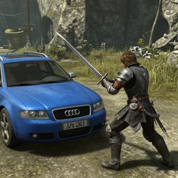 the player fighting against a denim blue audi a 4 b 6 avant ( 2 0 0 2 ) in skyrim, swordfight, the elder scrolls v : skyrim gameplay footage
