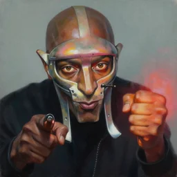 beautiful lifelike painting of mf doom sets phaser to stun, hyperreal detailed facial features and uv lighting, art by ed roth and basil wolverton