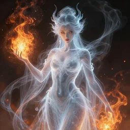 female japanese fire elemental, ghostly form, transparent, d & d, highly detailed, digital painting, artstation, concept art, sharp focus, illustration, cinematic lighting, art by artgerm and greg rutkowski and alphonse mucha