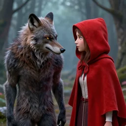 werewolf and red riding hood staring at you, 3d scene, render, ultra realistic, zenith view, Greg Rutkowski, Frank Frazetta, artstation, cgsociety, unreal engine, 3d scene, render, ultra realistic