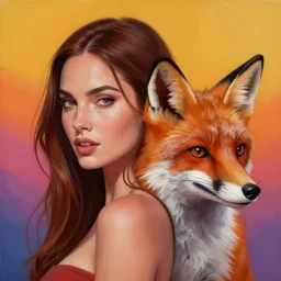 painting of [ hybrid between megan fox & fox ], intercrossed human & animal, human face with fox whiskers and ears, half of the face has no skin at all, trending on art - station, 4 k, mixture, by zdzislaw beksinski, logical anatomy, bright hue's, vibrant tone gradient background, octane render, concept art, beautiful composition, hyper