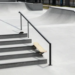 skateboard ramp, stairs, handrail, plaza