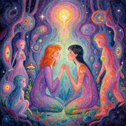 a psychedelic realm hidden away in a pocket of ethereal understanding, astral beings sharing love greg rutkowski wlop lisa frank bob ross, ruan jia, illustration