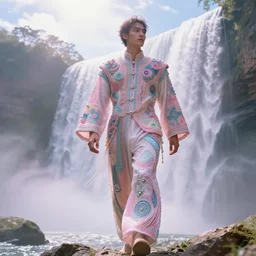 full - figured techno - embroidered androgynous man decorated with filigree and beads walks by a waterfall in the sky, safe for work, vivid pastel color scheme, by award - winning concept artist, dynamic composition, backlighting, radiant light