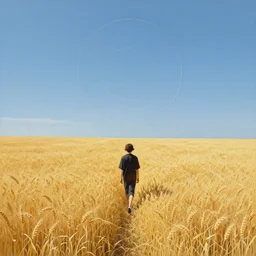 a painting of a lonely figure walking away in a wheat field with planet circles above the horizon on a bright noon, minimalistic, sharp edges, elegant, highly detailed, digital painting, artstation, concept art, smooth, sharp focus, colored illustration for tattoo, art by krenz cushart and rene magritte and david inshaw,