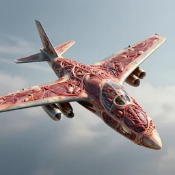technobiological military aircraft consisting of guts and meat and skin and veins and kidneys and entrails. aircraft is flying in the sky. biopunk, bodyhorror, high detail, photorealism, full length view, concept art, octane render, cgsociety by hermann nitsch