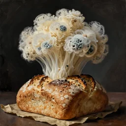 still life with fluffy, giant diaphanous sponge - like mold raising out of an old bread. painting by zurbaran, max ernst, agnes pelton, morandi, walton ford