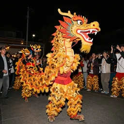 a wild dragon dance party at night