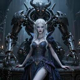 a beautiful witch queen with bright blue eyes, pale skin, an intricate dress poses beside an evil mechanical beast in a grotesque courtyard, highly detailed 4 k painting, dramatic cold light, style of gerald brom, trending on artstation