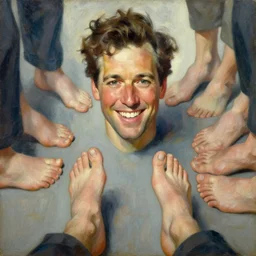 bob odenkirk smiling surrounded by bare feet,'bare feet '!!!! painting by jc leyendecker!! phil hale!, angular, brush strokes, painterly, vintage, crisp