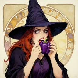 an ugly witch eating a purple pepper, pop art, splash painting, art by geof darrow, ashley wood, alphonse mucha