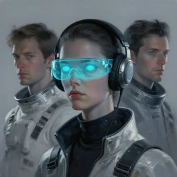 three quarters view portrait neon cyberpunk programmer with glowing geordi cyclops visor over eyes and sleek headphones headshot desaturated painting by donato giancola, dean cornwall, rhads, tom whalen, alex grey astronaut fashion photography