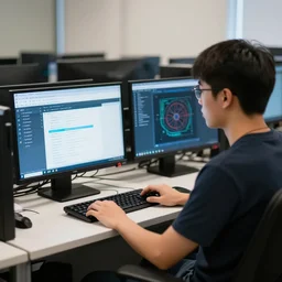 linux user sitting in front of a 9 0 s pc