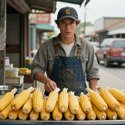 shooter mcgavin, movie still, selling street corn, 8 k, realistic