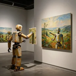 robots in an old art gallery, painting landscapes with robots on canvas, dramatic lighting, 4 k