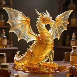 a dragon made of honey in an apothecary. the dragon is transparent. you can see light shining through the wings. honey is dripping everywhere. the background is cluttered. sigma 85mm f11, rim light, studio lighting, 8k