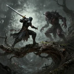 a warrior with a very big sword fighting a ghoul on top of a lovecraftian tree branch, dark souls inspired, elden ring inspired, octane render, rtx, unreal engine 5, digital painting, trending on artstation, highly detailed, epic composition, 8 k uhd