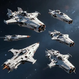 Game assets, 5 military Star ships in epic space battle, sci-fi style, trending on artstation, HD, Octane render, smooth, sharp focus