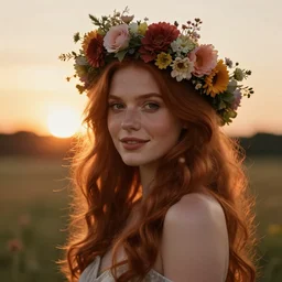 Fine art photo of a beauty model, she is redhead, she is posing while maintain a sweet eye contact to the camera, she has a crown of flowers and she has flowers around her, the photo was taken at sunset; you can see a bokeh effect behind the model, the photo was taken by Annie Leibovitz, photorealistic, matte painting, hyper realistic, concept art, 4k, 8k, cinematic composition, cgsociety, HD, highly detailed, octane render, unreal engine 5, trending on artstation, shaders