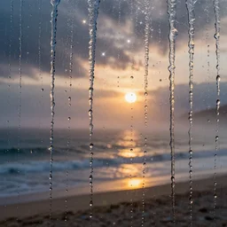 looking through dripping wet glass, rain at sunset beach, fog, clouds, sparkles, shine glimmer, reflections, led light, highly detailed and intricate, hdr, metallic colors, intricate, elite, ornate, elegant, luxury, sharp focus, photography, unreal engine, trending on artstation, photorealistic, octane, trending on deviantart