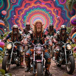 members of a psychedelic post apocalyptic orcish biker gang, sharp focus, psychedelic colors, boris vallejo, michael whelan, 8 k, epic scifi fantasy art